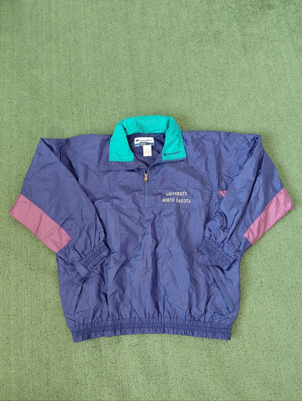 VINTAGE 90's Champion University Of North Dakota Navy Blue, Teal & Purple Embroi